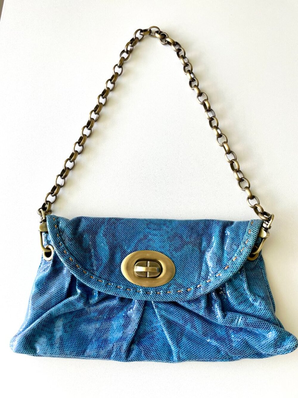 Carla Mancini Blue Python Print Italian Leather Chain Shoulder Bag Clutch